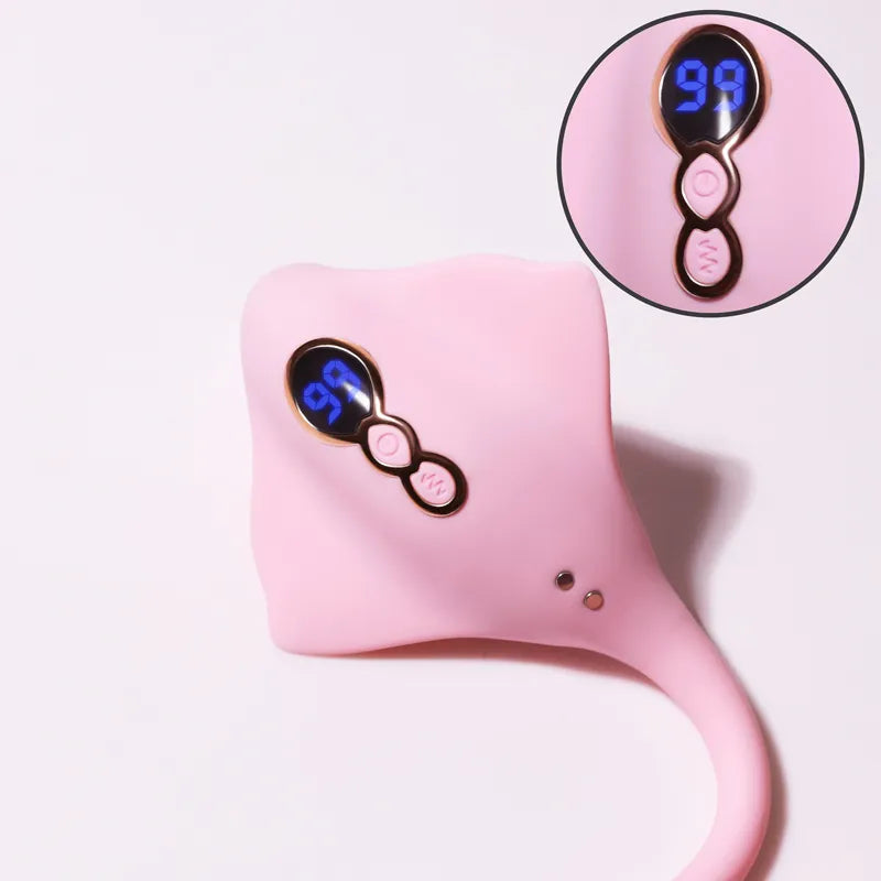 Stingray-shaped control handle of the Fizzglow Ripple G-Spot Clitoral Vibrator showcasing rose gold accents and clear digital display.