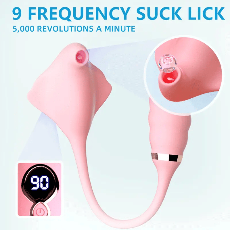 Diagram showing 9 frequency suction and licking modes powered by a 5,000 RPM motor on the Fizzglow Ripple Clitoral Vibrator.