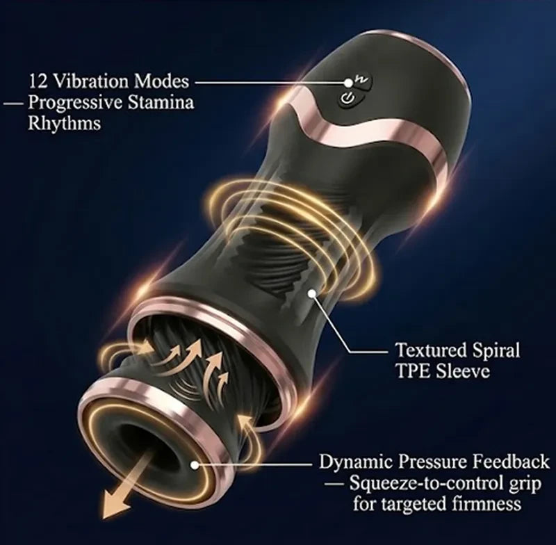Fizzglow STAMUX Male Masturbator featuring textured spiral TPE sleeve and dynamic squeeze-to-control pressure feedback