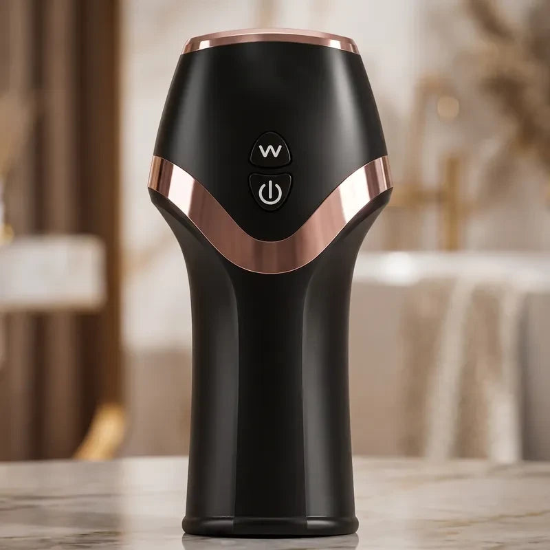 Front view of the black and rose gold Fizzglow STAMUX Automatic Stamina Trainer on a marble surface