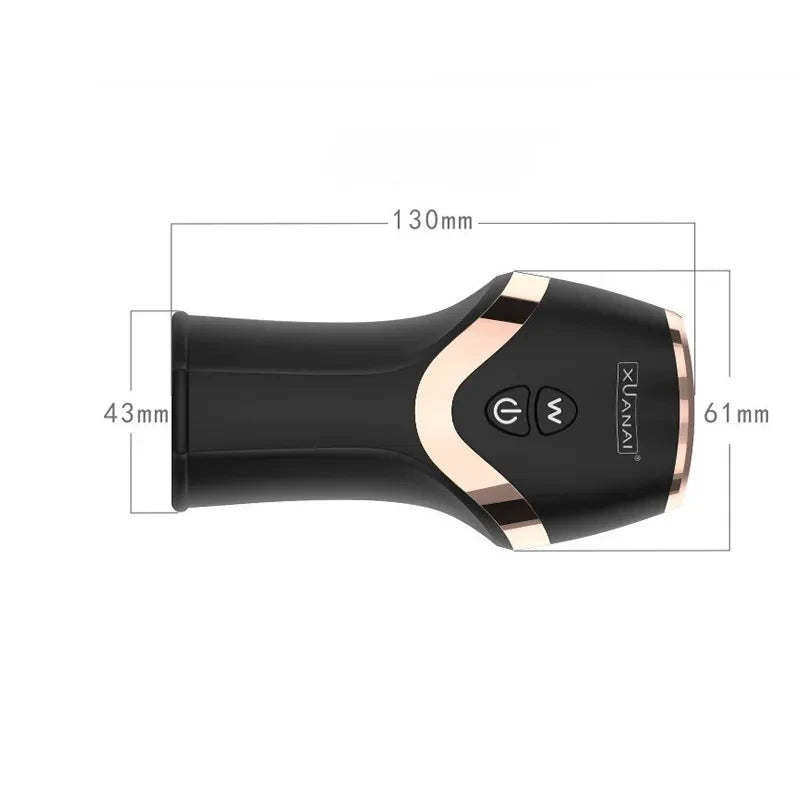 Dimension diagram of Fizzglow STAMUX Stamina Trainer showing 130mm total length, 61mm grip diameter, and 43mm entry