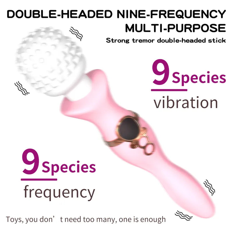 Infographic highlighting the double-headed 9-frequency vibration modes of the Fizzglow Tide wand vibrator for multi-purpose stimulation.
