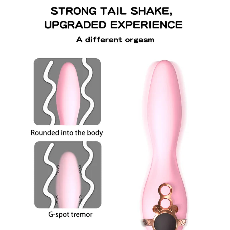 Diagram showing the contoured tail end of the Fizzglow Tide wand vibrator designed for targeted G-spot stimulation.