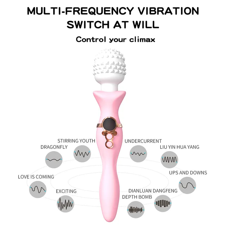 Illustration of 9 multi-frequency vibration patterns available on the Fizzglow Tide dual-motor wand vibrator.