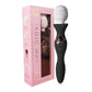 Black Fizzglow Tide magic wand vibrator standing next to its elegant pink retail packaging gift box.