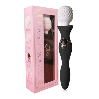 Black Fizzglow Tide magic wand vibrator standing next to its elegant pink retail packaging gift box.
