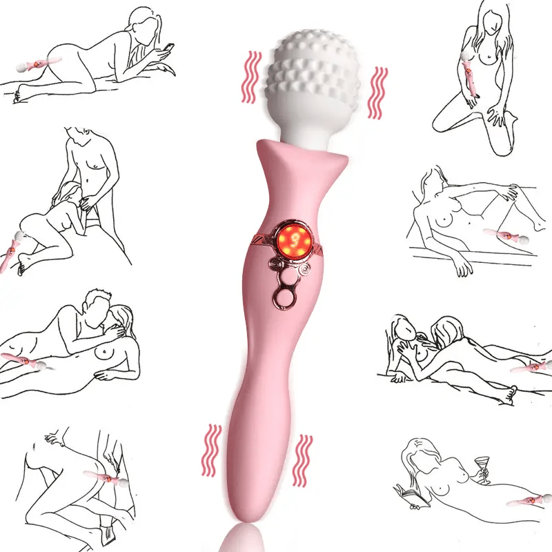 Line art illustrations showing versatile solo and couple play positions using the Fizzglow Tide dual-motor wand vibrator.