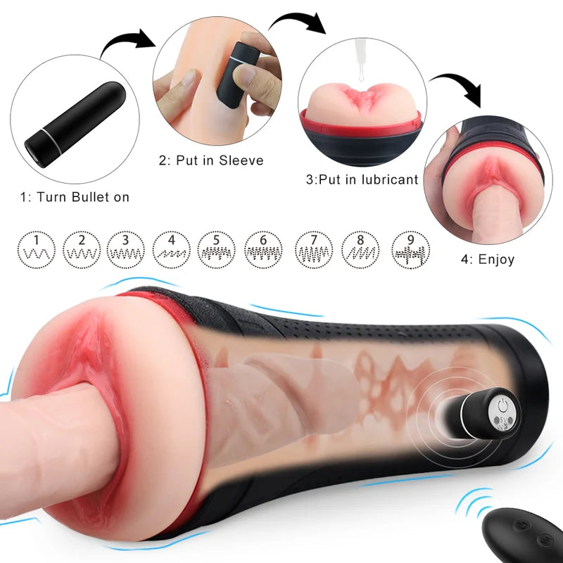 Black Tremor remote control male stroker with wireless vibrating bullet