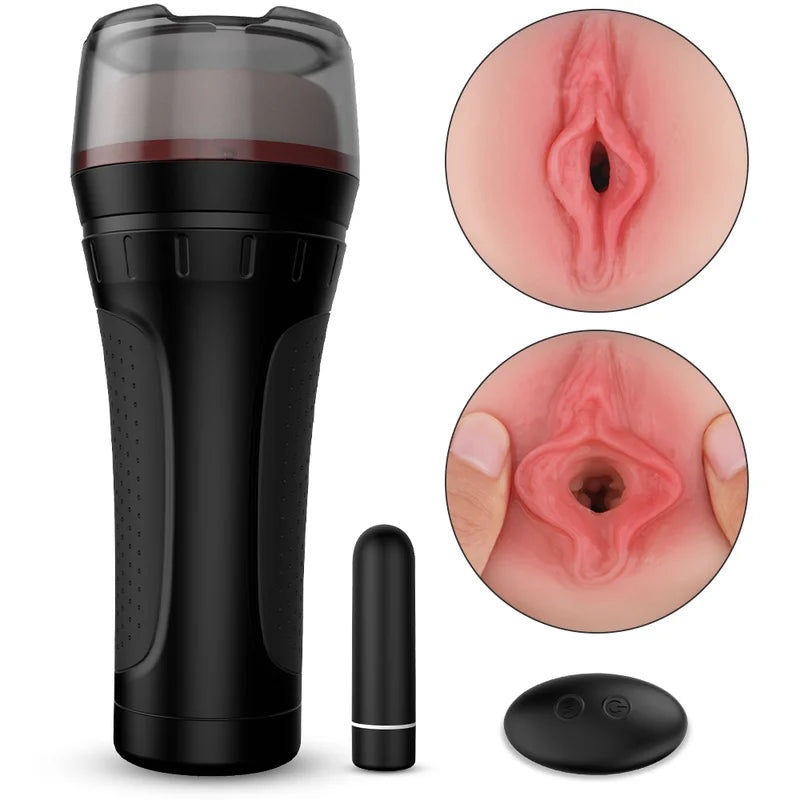 Black Tremor remote control male stroker with wireless vibrating bullet