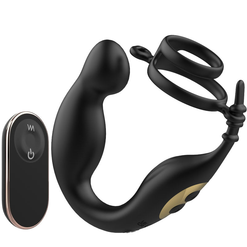 The Trigger Automatic Tapping Anal Vibrator with remote control and dual supportive cock rings for men