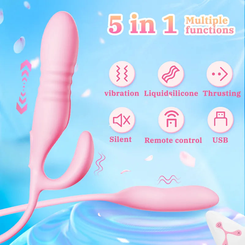 Pink Fizzglow Trinity G-spot vibrator featuring 5-in-1 functions including vibration, thrusting, liquid silicone, quiet motor, wireless remote control, and USB charging