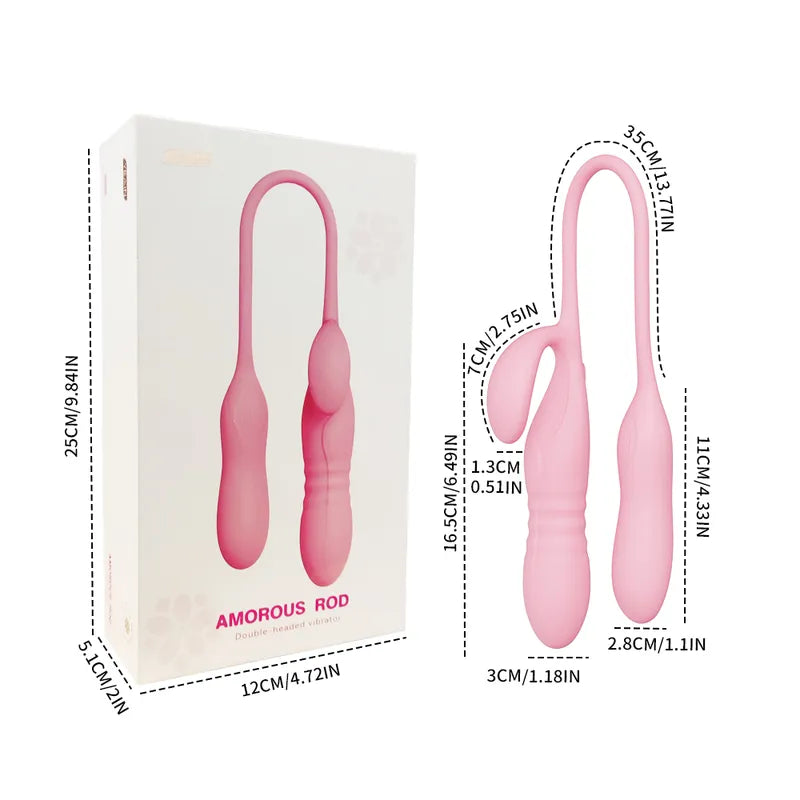 Product box and dimension diagram for the Fizzglow Trinity G-spot vibrator showing exact length and diameter measurements in inches and centimeters