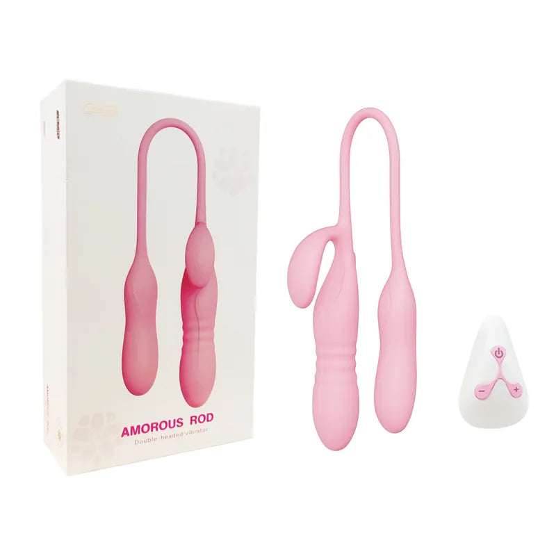 Pink Fizzglow Trinity G-spot vibrator displayed next to its retail packaging box and white teardrop wireless remote control