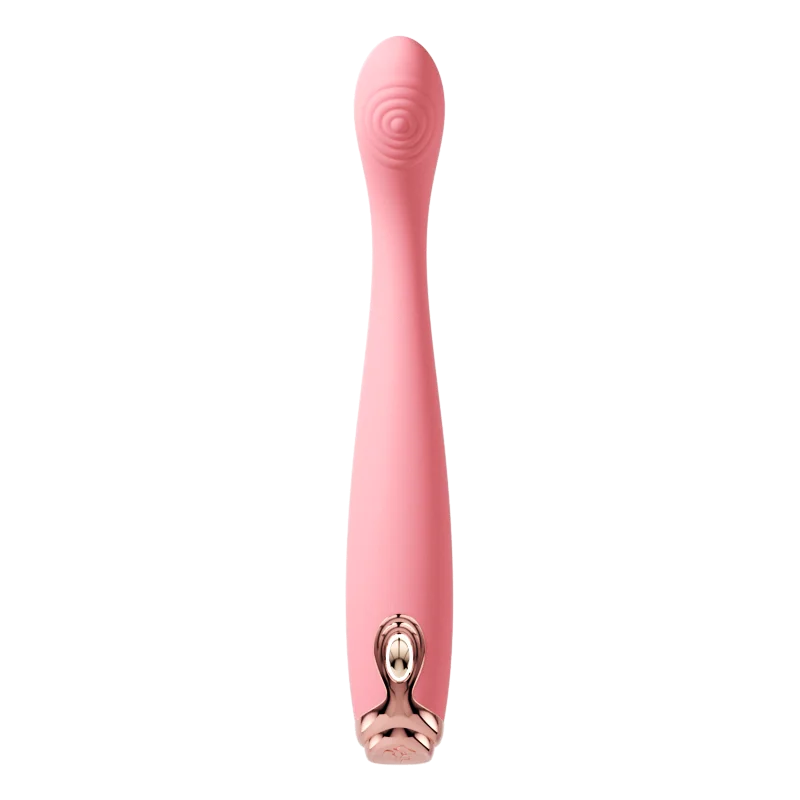 Twirl pink slim waisted g-spot vibrator with ribbed fingerprint texture showing silk soft silicone bendable body
