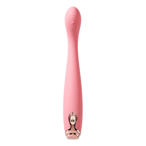 Twirl pink slim waisted g-spot vibrator with ribbed fingerprint texture showing silk soft silicone bendable body
