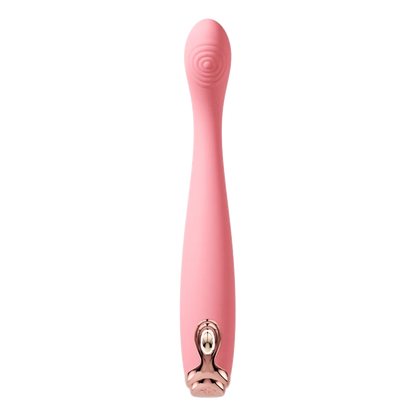 Twirl pink slim waisted g-spot vibrator with ribbed fingerprint texture showing silk soft silicone bendable body