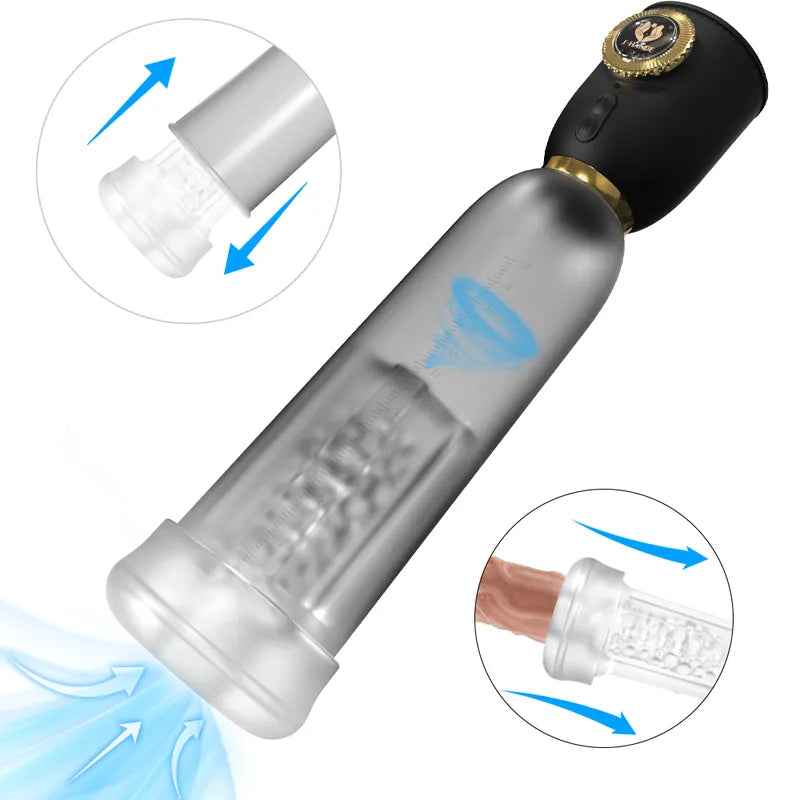Vault Male Penis Pump demonstrating soft liquid silicone sleeve insertion and vacuum air pressure flow