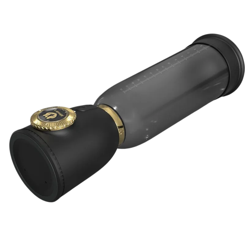 Full view of Vault Male Penis Pump with black control base, gold crown ring, and clear cylinder scale