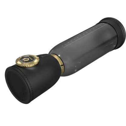 Full view of Vault Male Penis Pump with black control base, gold crown ring, and clear cylinder scale