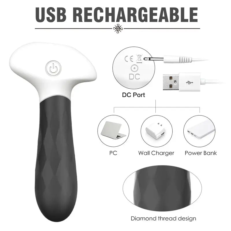 Fizzglow Vortex USB rechargeable DC port setup and close-up of diamond thread silicone texture