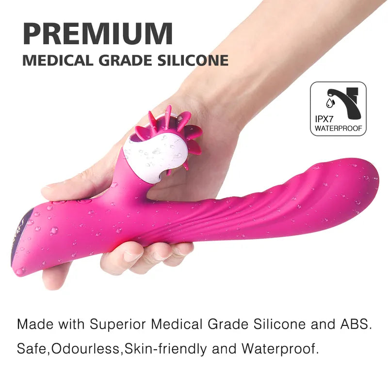 Water-covered Fizzglow Vortex G-Spot Rabbit Vibrator demonstrating body-safe silicone texture and IPX7 waterproof design