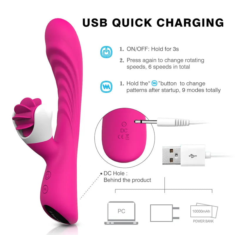 USB DC charging diagram for Fizzglow Vortex G-Spot Rabbit Vibrator showing button operations and power bank compatibility