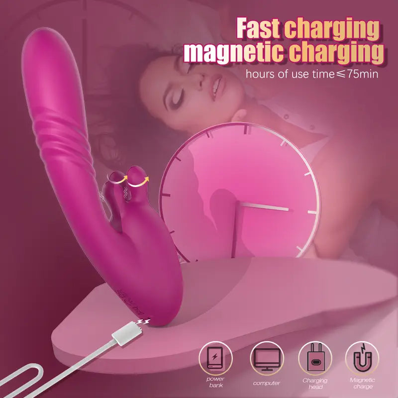 Flutter G-Spot Rabbit Vibrator with three-ear clitoral pinching mechanism and automatic thrusting premium silicone shaft