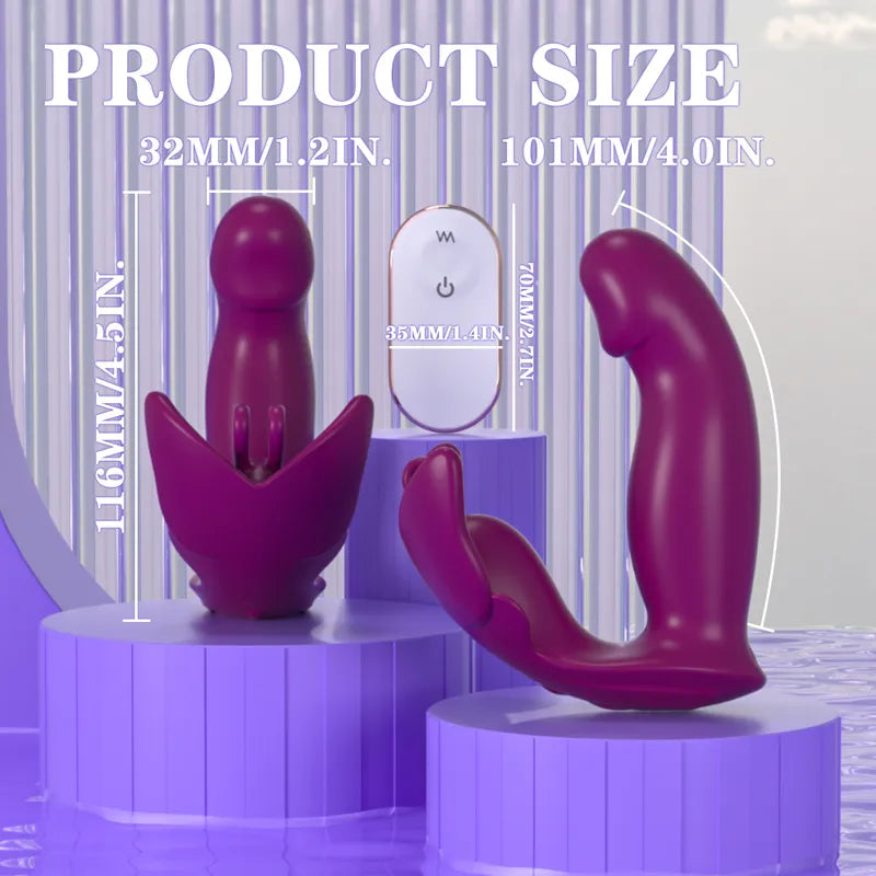 Dimensions of Flutter wearable vibrator featuring 4.57-inch total length, 3.98-inch shaft, and compact wireless remote.