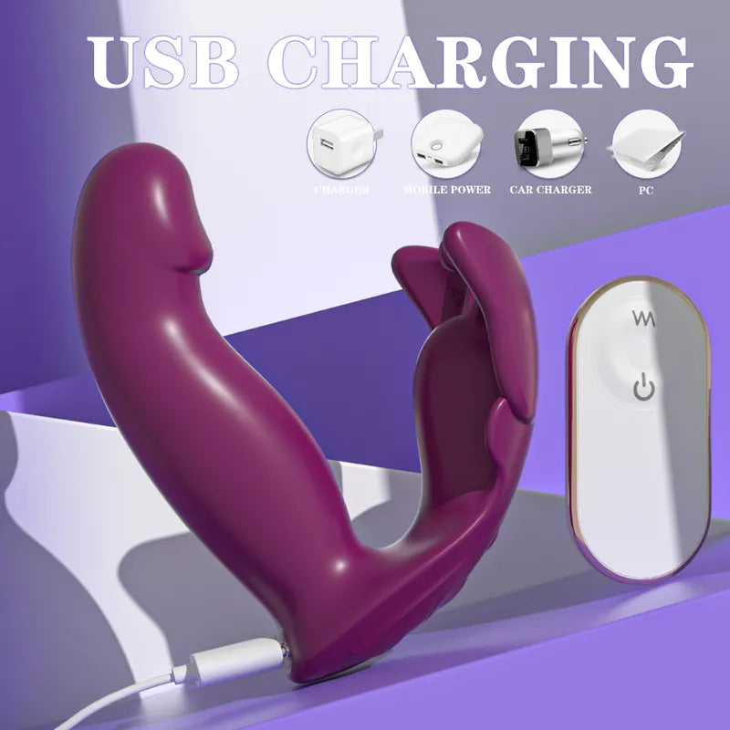 Flutter USB rechargeable wearable vibrator showing charging port with up to 78 minutes runtime.