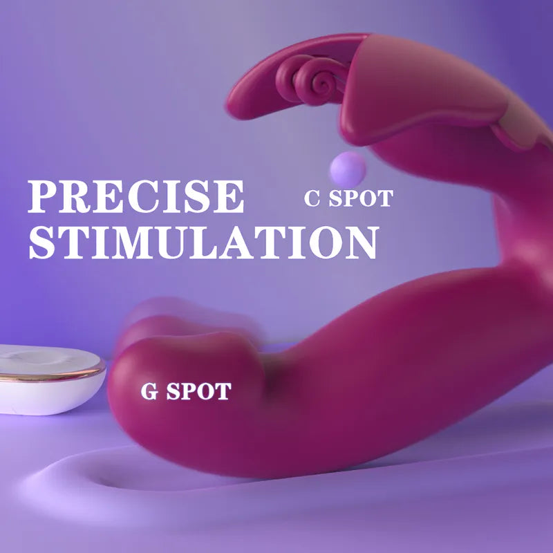 Diagram showing Flutter dual-point wearable vibrator targeting G-spot vibrations and clitoral tapping simultaneously.