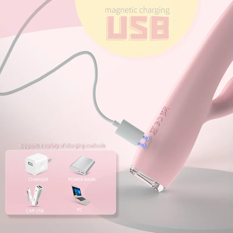 Nova G-Spot Rabbit Vibrator with dual motors and premium pink silicone lifestyle view on white bedding.