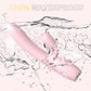 Nova G-Spot Rabbit Vibrator with dual motors and premium pink silicone lifestyle view on white bedding.