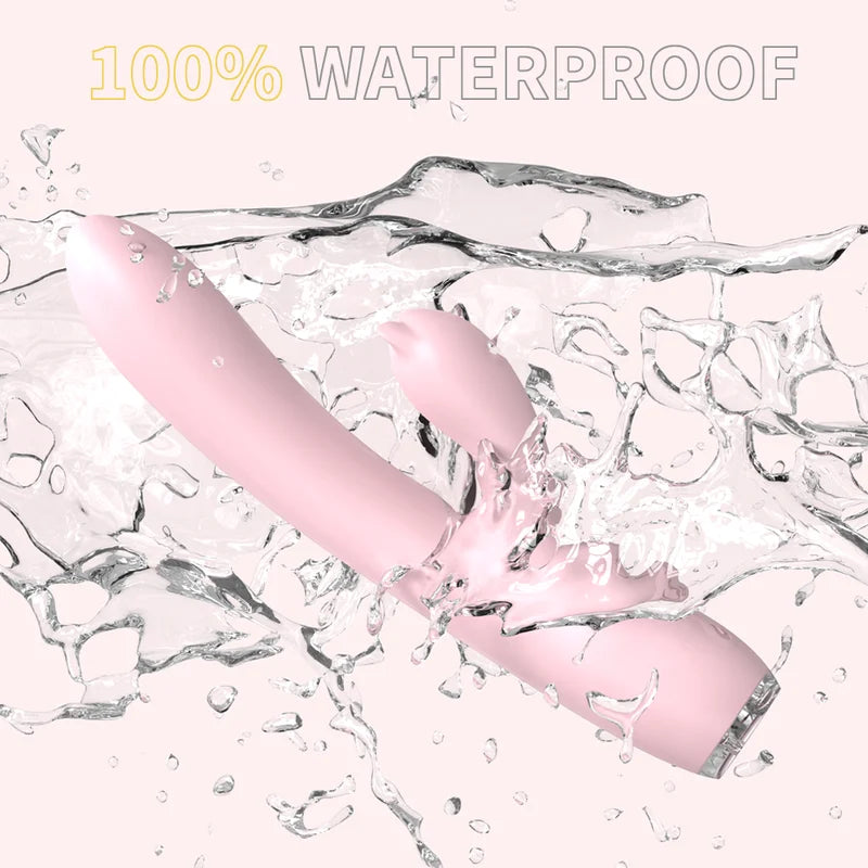 Nova G-Spot Rabbit Vibrator with dual motors and premium pink silicone lifestyle view on white bedding.