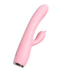 Nova G-Spot Rabbit Vibrator with dual motors and premium pink silicone lifestyle view on white bedding.