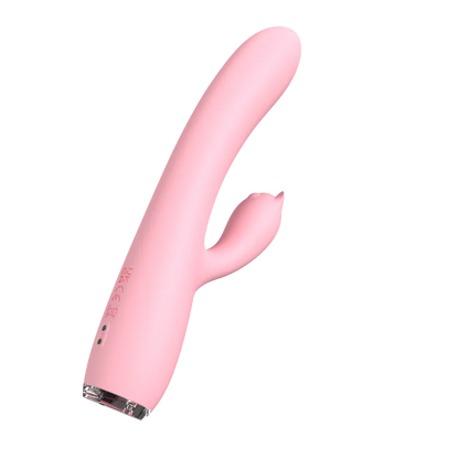 Nova G-Spot Rabbit Vibrator with dual motors and premium pink silicone lifestyle view on white bedding.